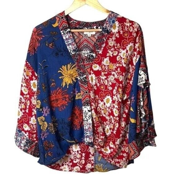 Umgee Multi Color Floral Boho V-Neck Button Up Flutter Sleeve Blouse Size Small - Picture 1 of 8